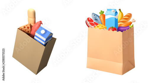 3D rendered illustration of paper grocery shopping bags filled with fresh food items 95