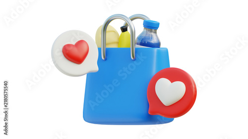 Online Shopping Concept with Favorite Products in 3D Bag and Like Icons