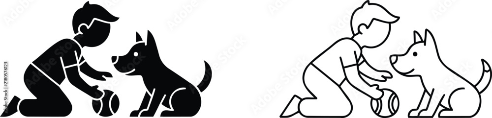 Fototapeta premium Boy and Dog Illustration, Friendship Concept, Simple Line Art Design, Vector Graphic, Companion Animal, Pet Ownership