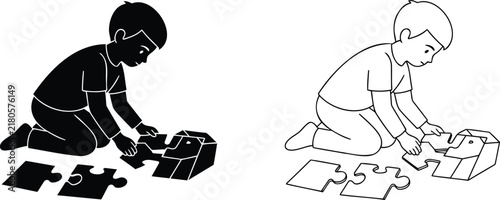 Boy Playing with Puzzle Pieces, a Black and White Vector Illustration. Childhood Concept