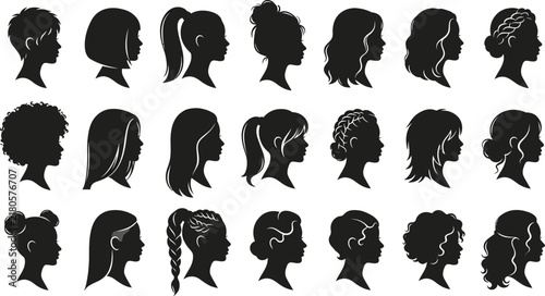 Collection of diverse female head silhouettes showcasing many different hairstyles and ethnic profiles isolated on white background