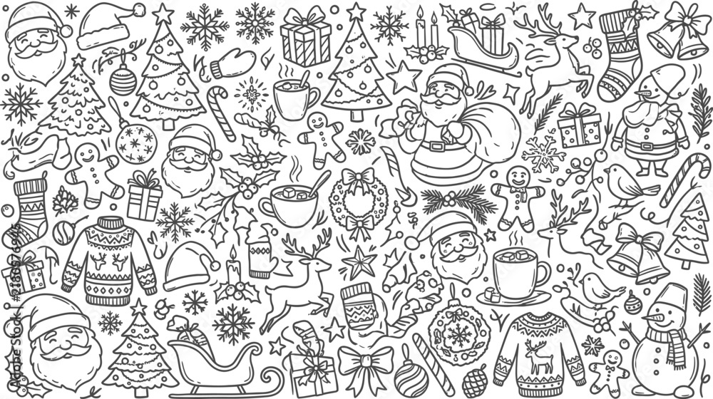 Obraz premium Abstract hand drawn doodle pattern with various funny characters and objects in a dense black and white illustration