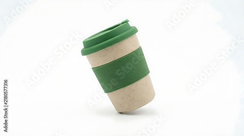 Reusable coffee cup made of bamboo fiber with a green silicone lid and sleeve for hot drinks on the go