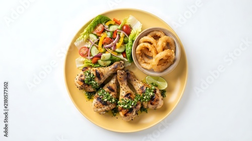 Grilled chicken drumsticks served with fresh vegetable salad and side of yellow pickled vegetables on round plate