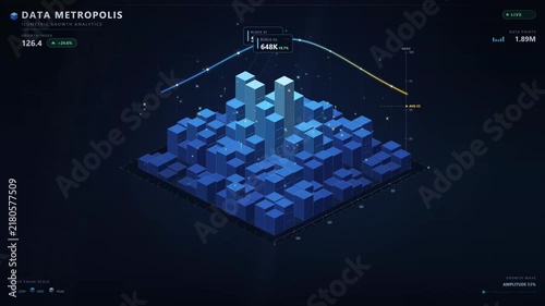 Futuristic 3D isometric data city with digital blue blocks trajectory paths and analytical metrics on dark background for motion render visualization