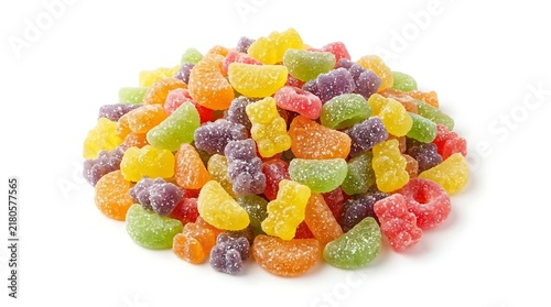 A big pile of colorful gummy bears and fruit jelly candies mixed together in a large heap of sweet tasty snacks