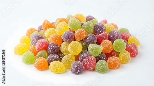 A large pile of colorful round gummy candy sweets with sugar coating in many different bright fruity flavors