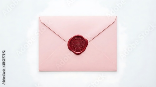 A light pink paper envelope sealed with a red wax stamp featuring a heart design for a romantic love letter