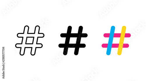 Hashtag symbol icon set featuring outline solid and colorful design vector styles internet communication marketing abstract