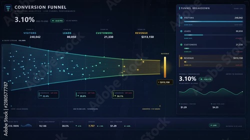 Futuristic Digital Business Dashboard Showing a Conversion Funnel for Data Analytics, Marketing Performance Metrics, and Financial Growth Tracking