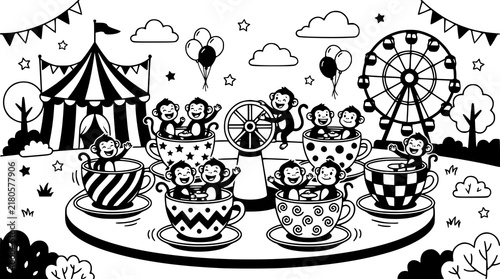 Cute Cartoon Monkeys Riding Teacup Spin Carnival Vector Scene with Circus Tent and Amusement Park Collection