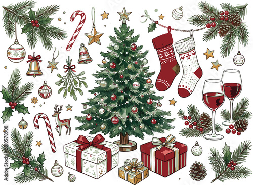 Watercolor illustration set featuring a decorated christmas tree gifts stockings and festive holiday elements on white background