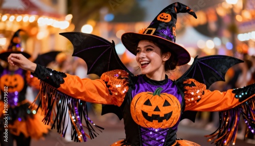 Smiling woman in colorful witch and bat costume celebrating at Halloween festival