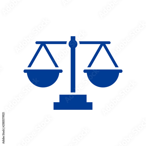 Blue law icon depicting balanced scales, symbolizing justice, legal protection, equality, court services, regulation, and professional legal advice.