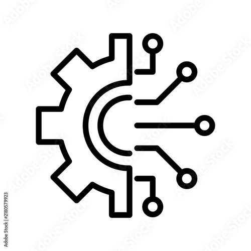 Outline technology icon featuring a gear with circuit connections, representing engineering, digital systems, innovation, automation, and technical development.