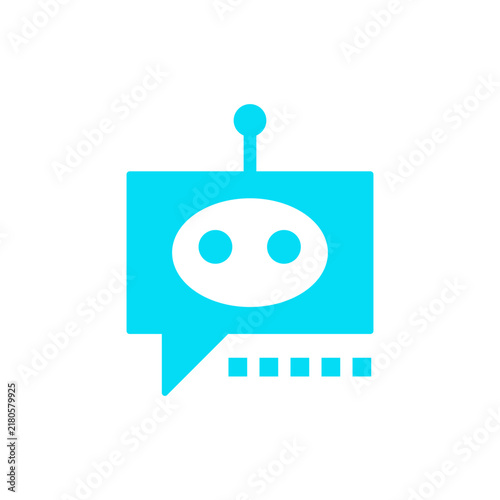 Cyan chatbot icon showing a friendly robot within a speech bubble, symbolizing AI assistance, automated communication, virtual support, and smart technology.