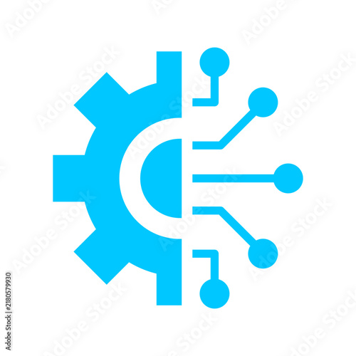 Blue technology icon combining a gear with electronic circuit lines, symbolizing digital innovation, automation, engineering, software, and advanced technology.