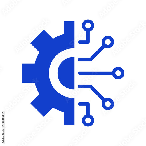 Blue technology icon combining a gear and circuit nodes, symbolizing digital engineering, automation, innovation, computing, and technological development.