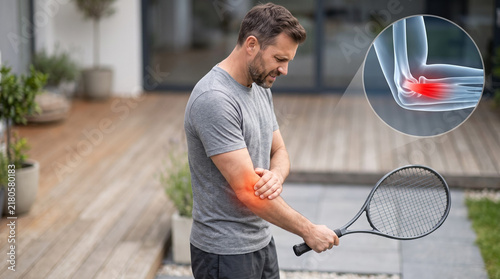 Man holding tennis racket and gripping painful outer elbow on patio. Glowing red pain zone with CGI elbow joint and tendon inset overlay. Tennis elbow sports injury concept. Copy space