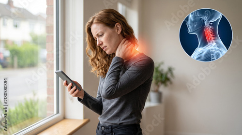 Young woman by window looking at smartphone and rubbing painful back of neck. Glowing red pain zone with CGI cervical spine inset overlay. Text neck from phone use concept. Copy space