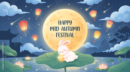 Happy mid autumn festival greeting card with cute rabbit on lotus leaf under full moon and lanterns
