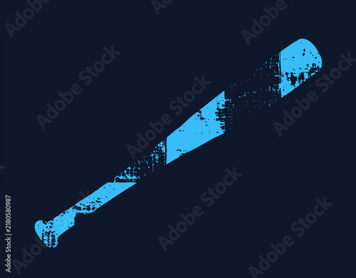 Cyan flat silhouette of a weathered wooden bat with aggressive erosion, splatter, and jagged edges. Stencil like aesthetic highlights industrial decay without specific lighting or background.