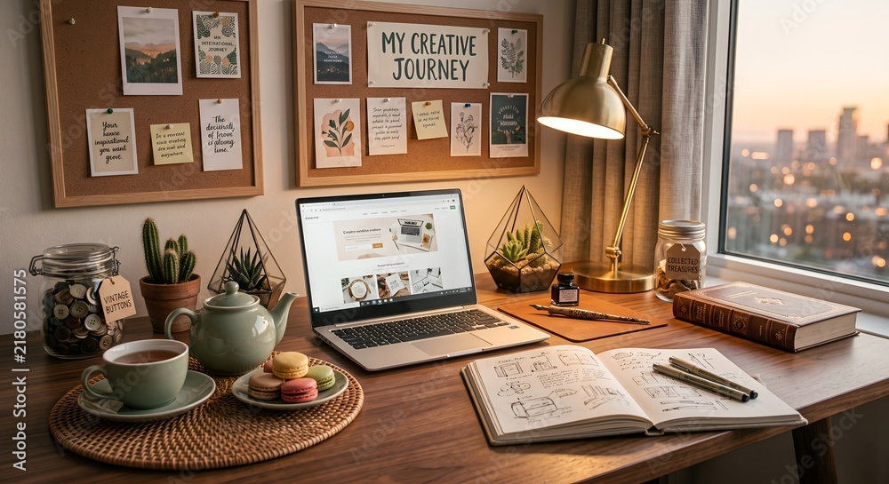 Fototapeta premium Cozy creative home office workspace interior with laptop sketch notebook tea and inspiration mood board by window at sunset