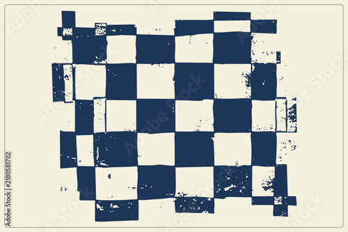 Worn race flag as a distressed checkered banner, chequerboard stamped in deep indigo ink. The finish motif has a vintage stencil texture for a rugged, hand printed look.
