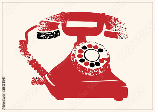 Принти на полотні Classic rotary dialer rendered as a red stamp print silhouette with grunge texture