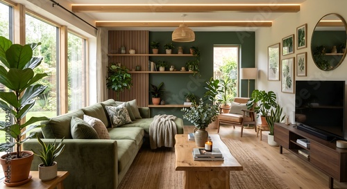 Modern biophilic living room interior with green velvet sofa wooden furniture and abundant indoor house plants near large window