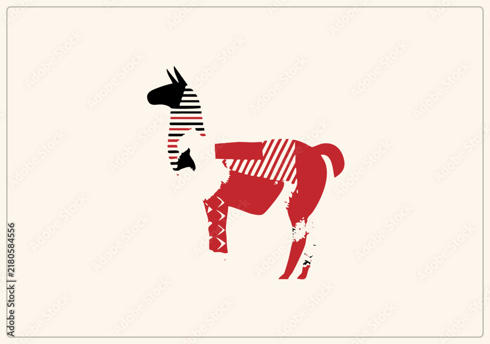 Fototapeta premium Stylized geometric llama with red blocks and black. Features stencil like diagonal hatching and zigzag motifs, blending Andean with modern flat graphics via high contrast crimson and