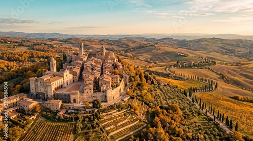Panoramic Aerial View of Medieval Hilltop Village at Golden Hour