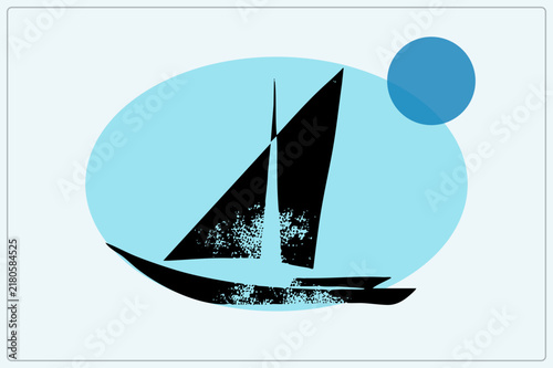 Canvas Print Minimalist black sloop with stippled shading on a blue oval sun backdrop
