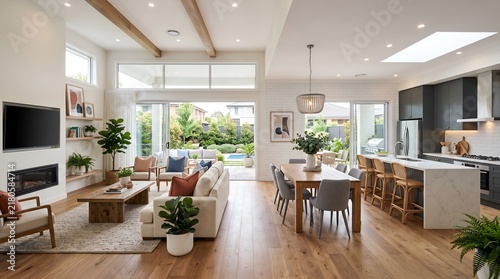Modern open plan home interior combining living room dining area and kitchen with glass sliding doors opening to sunny backyard patio