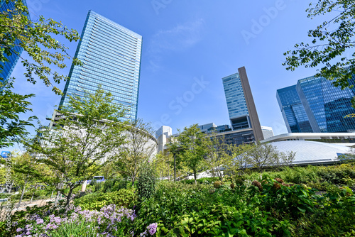 Fotografía 青空と豊かな緑に囲まれた大阪・梅田のグラングリーン大阪、うめきた公園と高層ビル群【大阪風景写真】