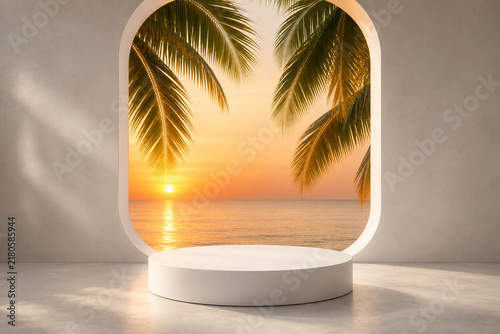 Minimal White Product Podium Framed by Tropical Palm Leaves and Golden Ocean Sunset for Luxury Summer Advertising
