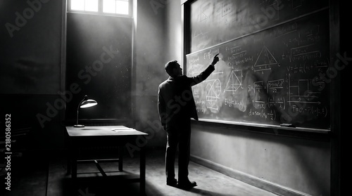 Vintage professor writing on chalkboard in dark classroom. Retro academic teacher solving complex math equations. Cinematic black and white study.