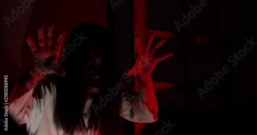 Cuadro en lienzo A scary ghost woman with long hair lunges at the camera with her hands out in a dark, haunted house, creating a terrifying jump scare scene for a horror movie