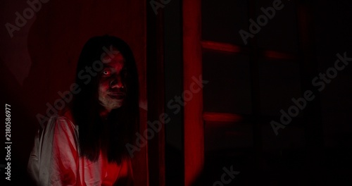 Fotografie A scary ghost woman with long hair lunges at the camera with her hands out in a dark, haunted house, creating a terrifying jump scare scene for a horror movie