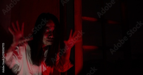Foto A scary ghost woman with long hair lunges at the camera with her hands out in a dark, haunted house, creating a terrifying jump scare scene for a horror movie