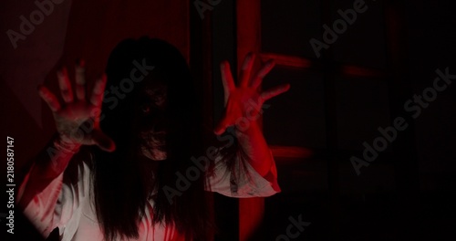 Foto A scary ghost woman with long hair lunges at the camera with her hands out in a dark, haunted house, creating a terrifying jump scare scene for a horror movie