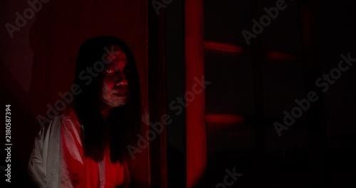 Fotografie A terrifying ghost with a bloody face lurks in a dark, haunted house, illuminated by sinister red light for a horrifying Halloween scene
