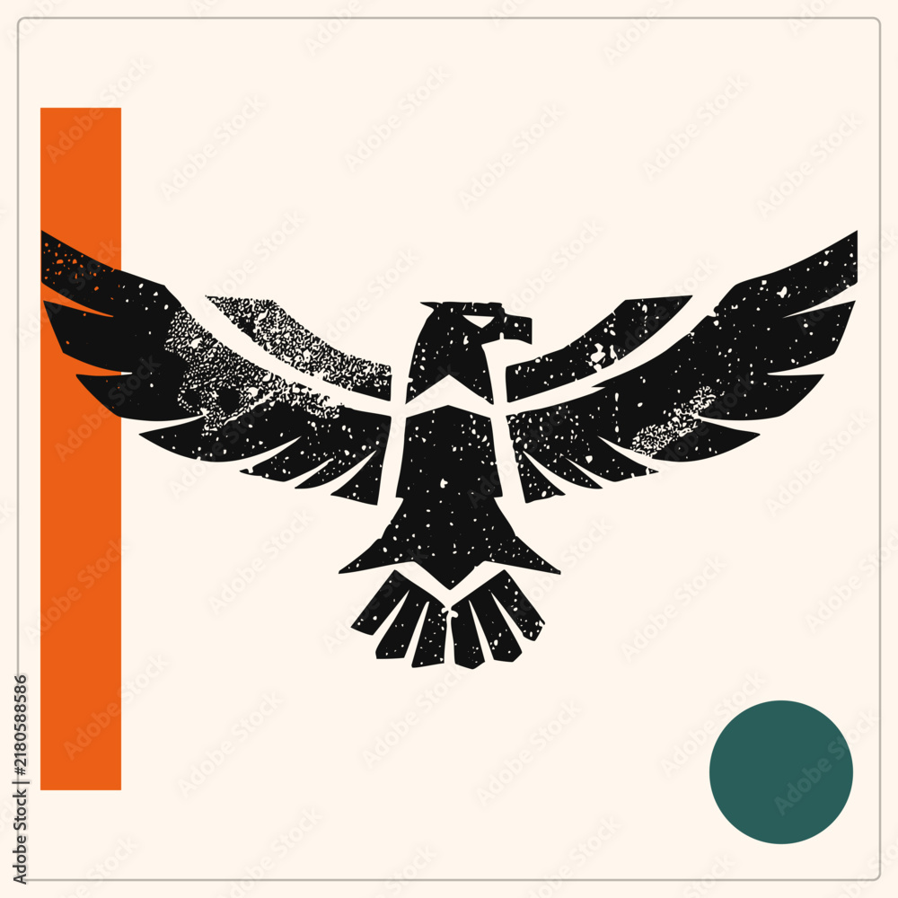 Obraz premium Stylized raven graphic in flat vector style with spread wings. Features black speckling for a stamped look, plus orange vertical bar and teal circle accents. A modern motif of wild nature sym