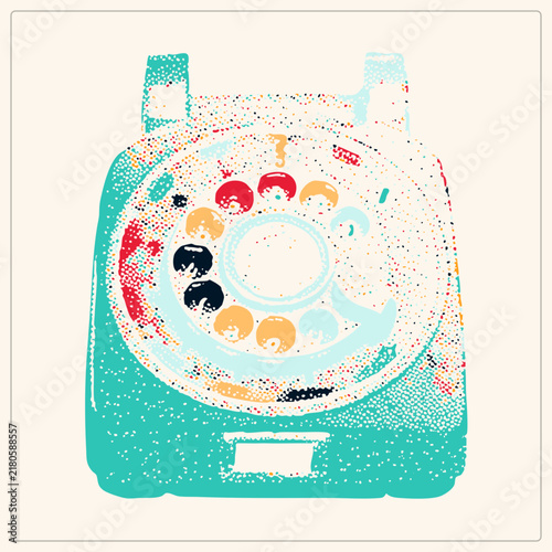 Foto Stylized pointillist vintage rotary phone in teal, red, orange, black
