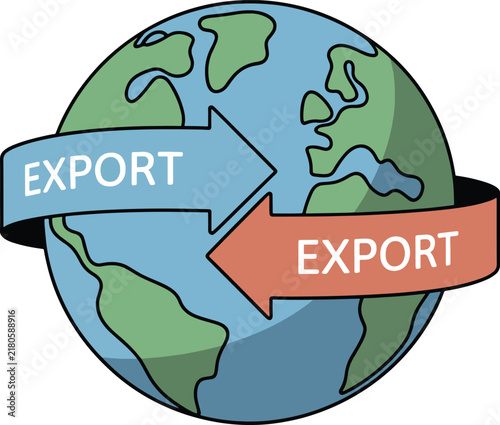Vector Illustration of Global Export Trade with Earth Globe and Directional Arrows