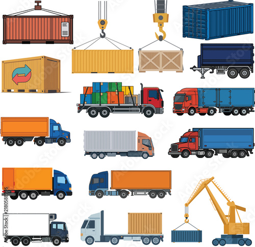 Collection of diverse commercial transport vehicles, freight containers, and industrial cranes, representing global logistics and supply chain operations