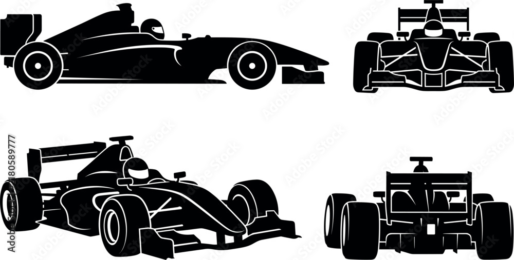 Obraz premium Set of black silhouettes of formula 1 racing cars from different angles