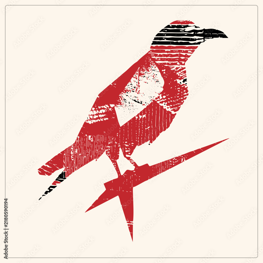 Obraz premium Distressed red/black stenciled crow on a jagged lightning bolt. Heavy halftone textures and worn scratches mimic screen print/linocut. High contrast grime design with limited crimson palette for rugge