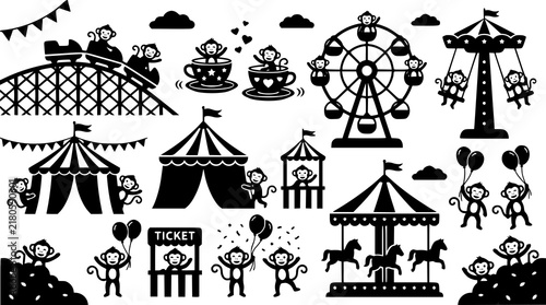 Happy Monkey Amusement Park Vector Collection with Roller Coaster Teacup Ride and Circus Festival