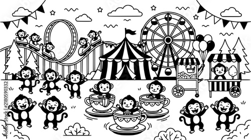 Cute Cartoon Monkeys Riding Roller Coaster and Teacup Spin Carnival Vector Scene Collection